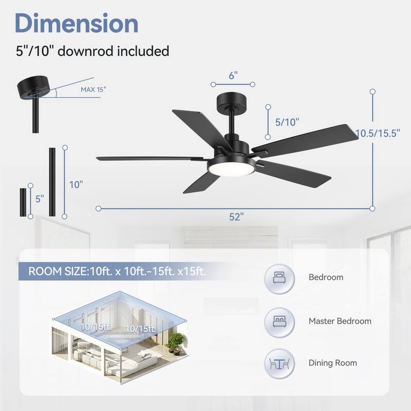 52" Black 5-Blade Integrated LED Ceiling Fan with Light and Remote