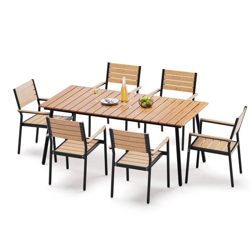 7-Piece Outdoor Dining Set Aluminum Rectangle Patio Dining Table with Umbrella Hole and Stackable Chairs