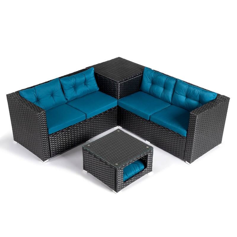 Patio 4-Piece Wicker Sectional Set with 2 Loveseats, Hydraulic Storage Box & Pet House Table