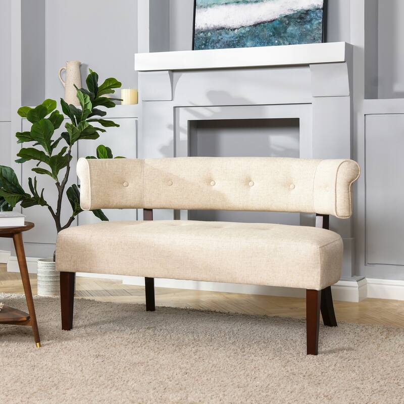 Jared Roll Arm Tufted Bench Settee - Natural Beige Linen