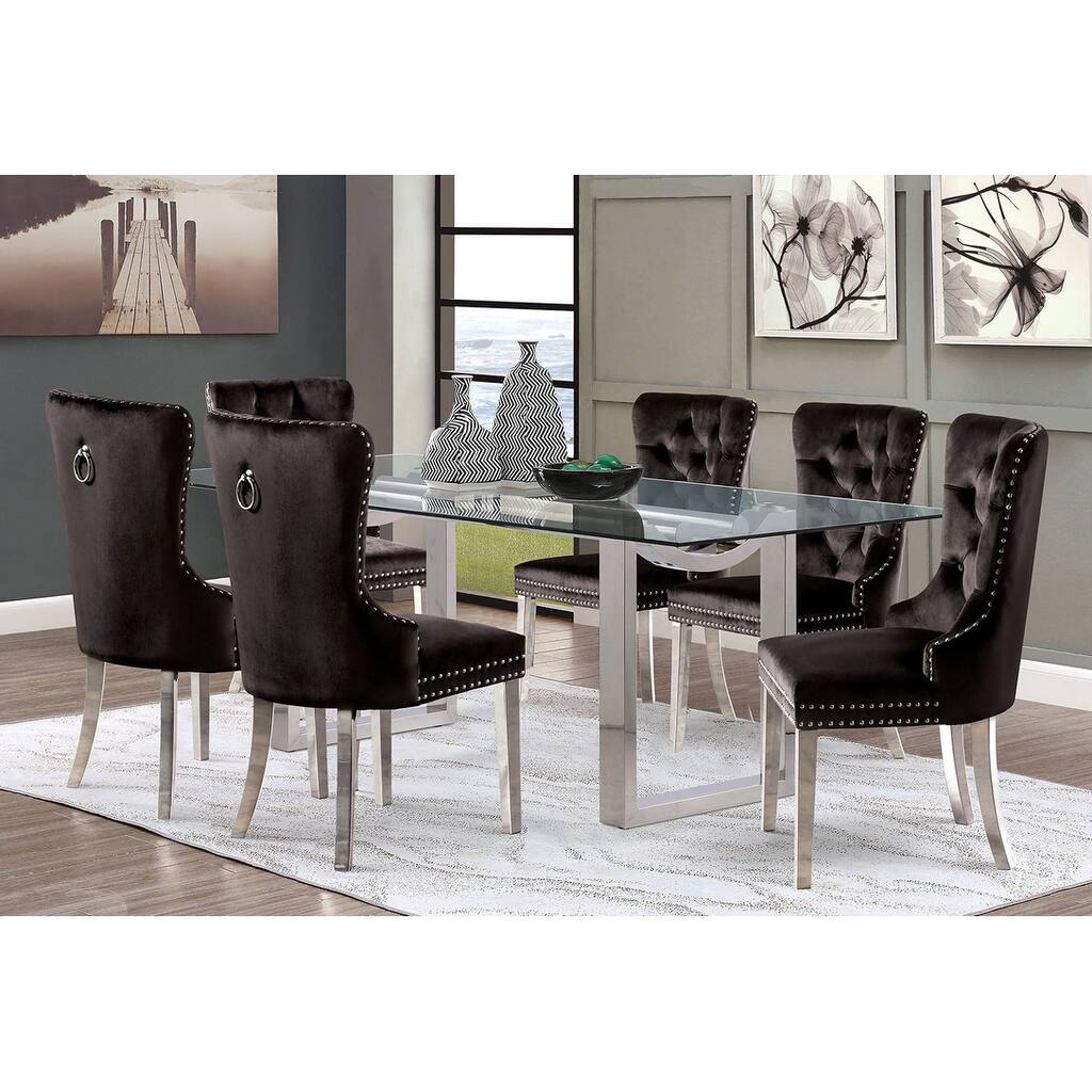 7PC Contemporary Chrome Finish Dining Set Table and Upholstered Chairs - 7-piece Set