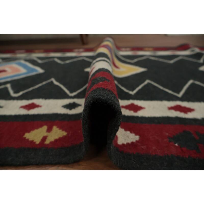 Hand Woven Oriental 100% Wool Carpet Southwestern Tribal Black Kilim Runner Rug - 15' 1'' X 3' 2''