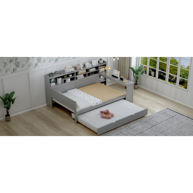 Full Size Wood Daybed with Twin Trundle, Study Desk and Storage Shelves
