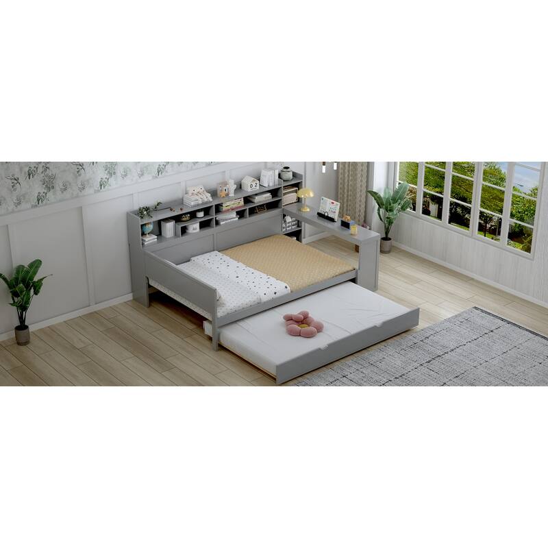 Wooden Full Size Daybed with Storage Shelves, Multi-functional Bed with Twin Size Trundle Bed and Study Desk,Gray