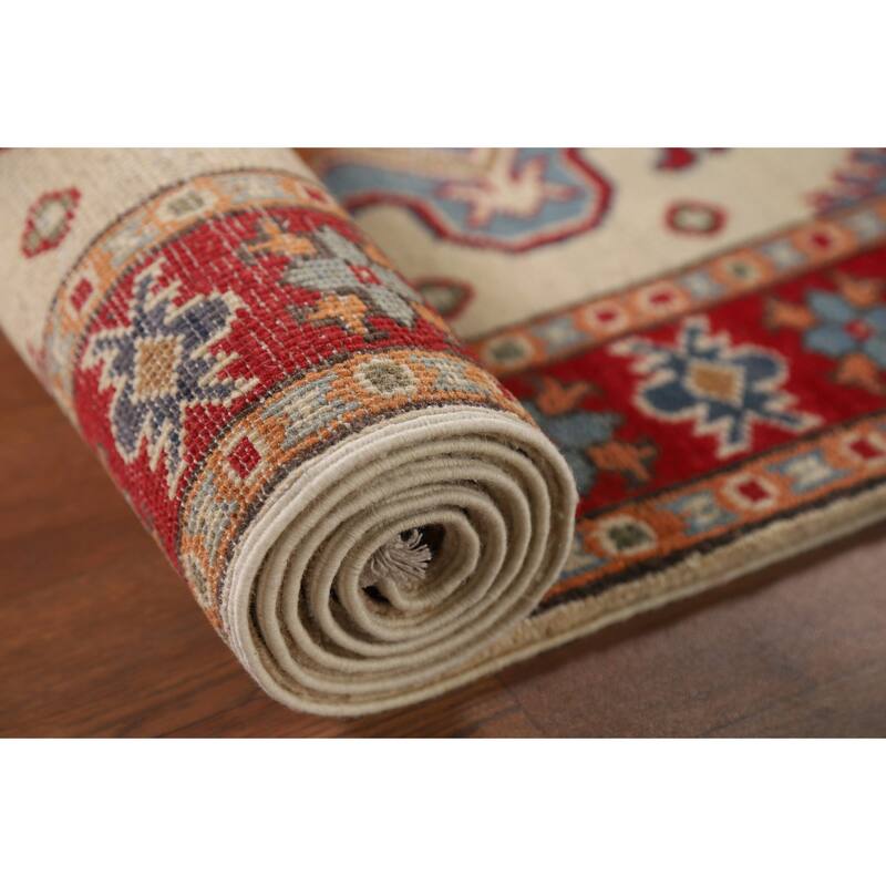 Geometric Kazak Oriental Runner Rug Handmade Foyer Wool Carpet - 2'8" x 9'7"