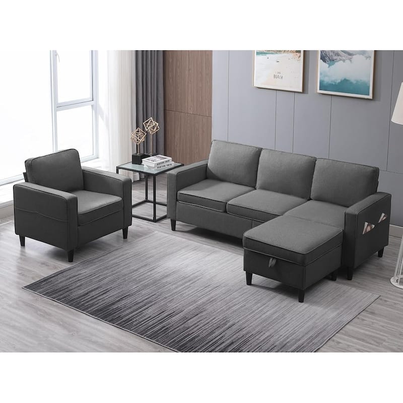Mixoy Convertible Living Room Furniture Set-Single Sofa/Loveseat/3-Seat Sofa with Ottoman for DIY Combination - Dark Grey-3+1 - Reversible