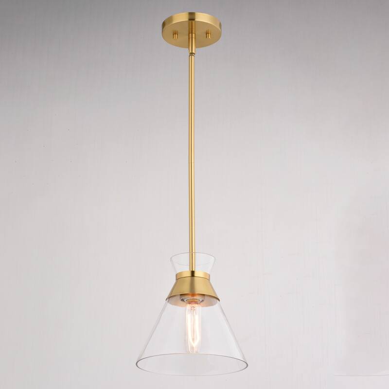 VAXCEL Harper 1-Light 8.5 in. Wide Natural Brass Gold Mid-Century Modern Mini Pendant with Clear Glass Cone Shade