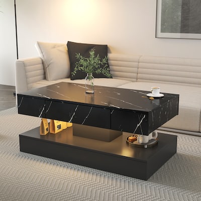 High-Glossy LED Coffee Table with 2 Drawers, Living Room Storage Tables with Marbling Print, Stylish Double-Layer Center Tables