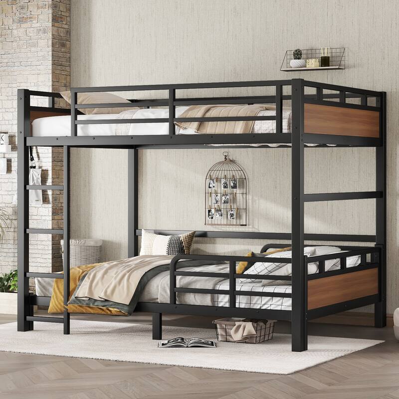 Roomfitters Twin/Full/Queen Metal Bunk Bed & Loft Bed with Raised Safety Fence, Convertible Platform Design, Vintage Wood