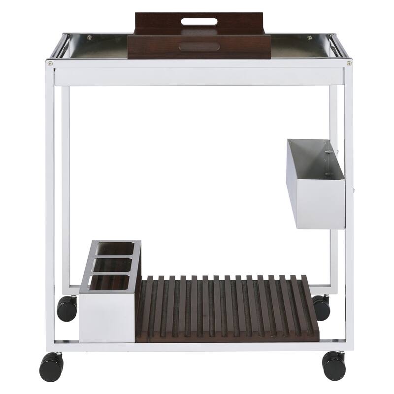 Chrome and Brown Serving cart with Stemware Shelf - Brown