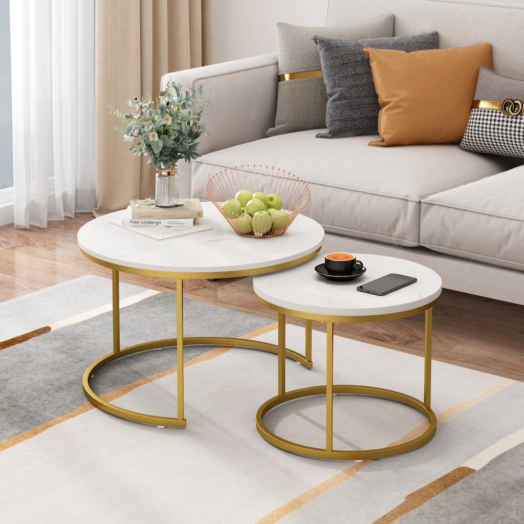 27.6in Nesting Coffee Table Set of 2, Round Coffee Table Wood Marble Pattern Top with Sturdy Metal Frame, End Table Side Tables