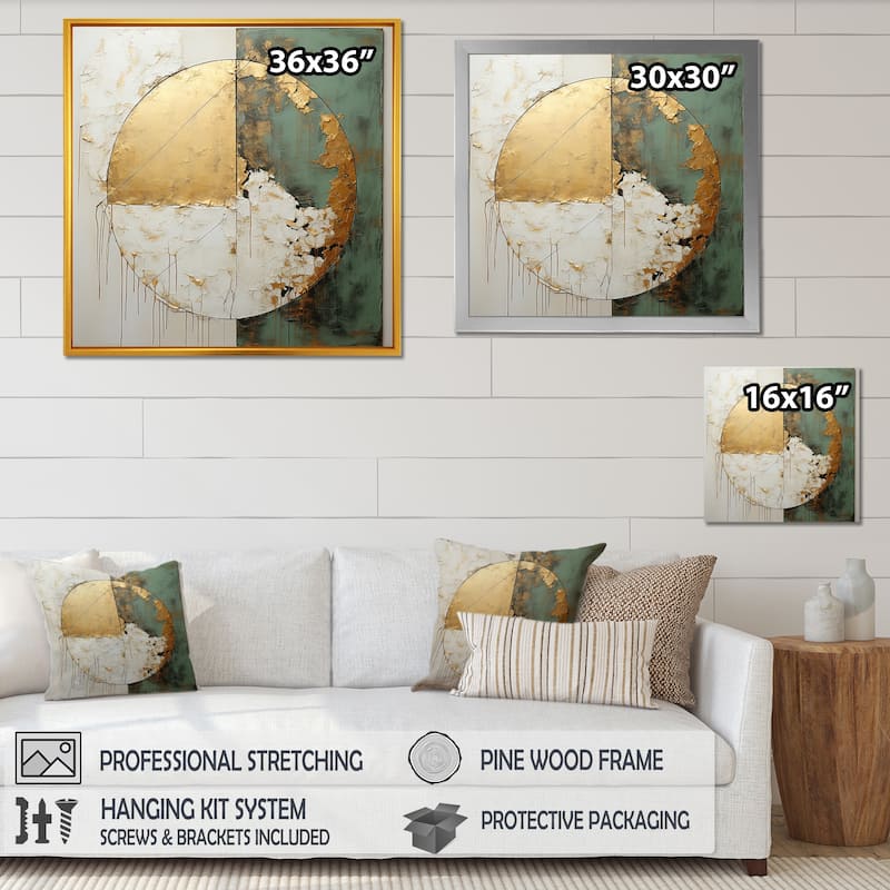 Designart "Gold And Green Paint Fusion I" Abstract Painting Framed Wall Decor