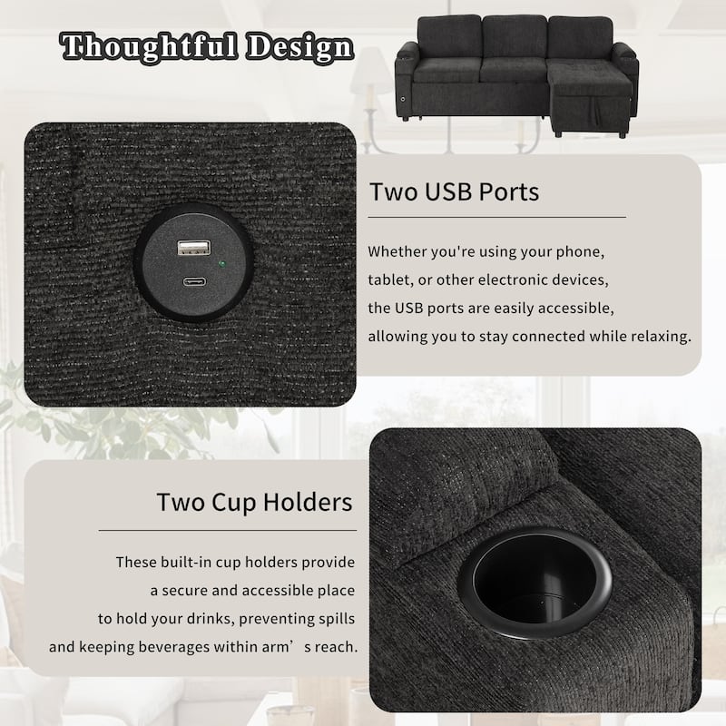 83.5" L-shaped Sofa Couch Convertible Sofa Bed Sectional Sofa with Ample Storage Space, Two Cup Holders and Two USB Ports