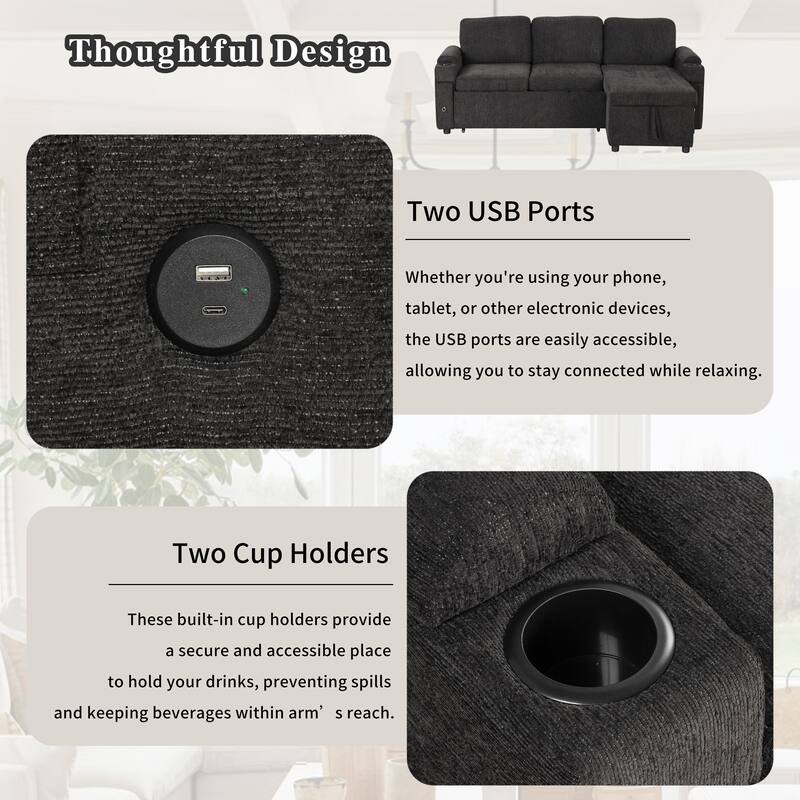 L-Shaped Convertible Sofa Bed with Reversible Chaise Lounge, Chenille Fabric Sectional Sofa with 2 Cup Holders & 2 USB Ports