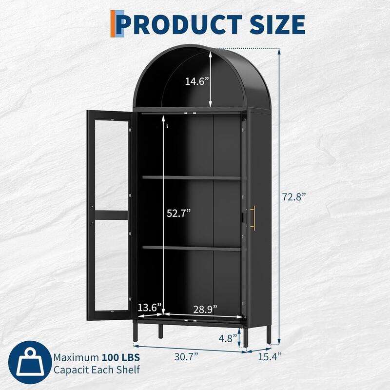 73 in Tall Arched Metal Storage Display Cabinet with Glass Door - N/A