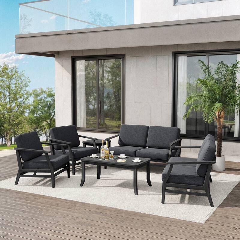 Teak Outdoor Patio Conversation Set with Cushions and Tables (6-Piece)