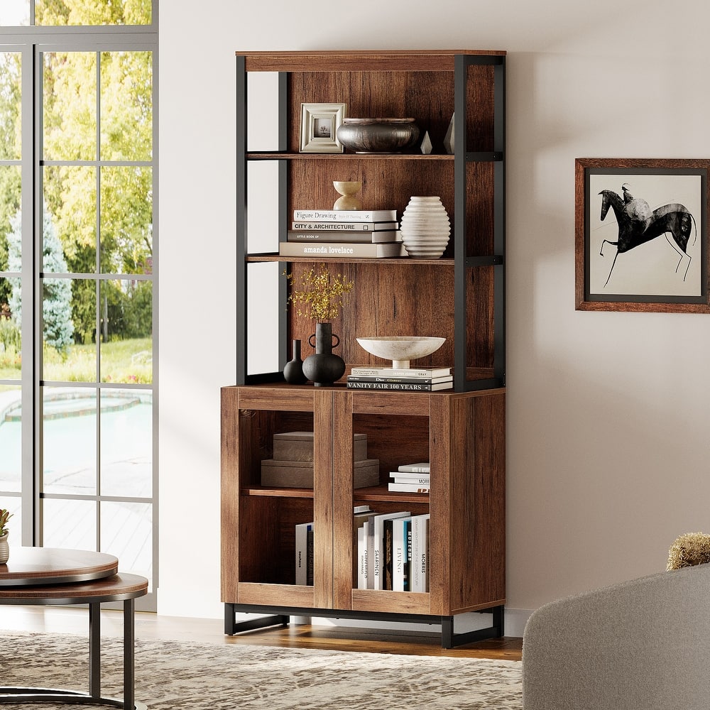 Modern 72" Tall Bookcase with Glass Doors and Adjustable Shelves for Home Office, Living room.