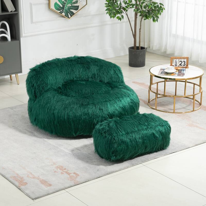 Plush Upholstered Round Comfort Lounger Bean Bag Chair with Ottoman - Emerald