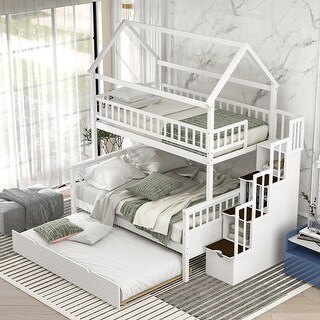 White Twin over Full Size House Bunk Bed with Storage Staircase and ...