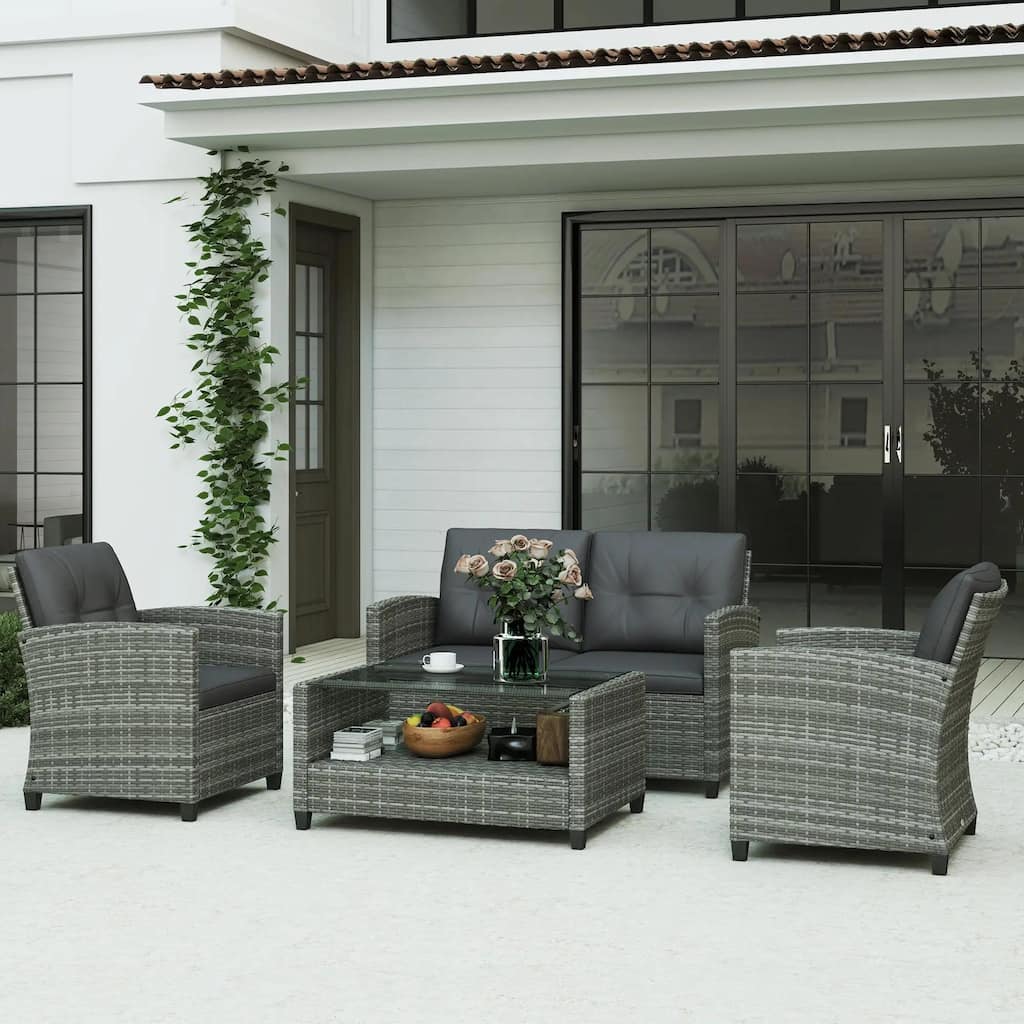 4PCS PE Rattan Patio Furniture Set with Two-tier Coffee Table,Cushion