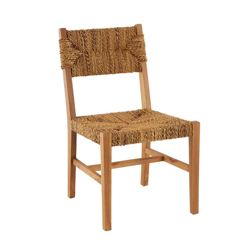 Light Brown Teak Wood Handmade Living Room Accent Chair with Woven Banana Leaf Seat (Set of 2)