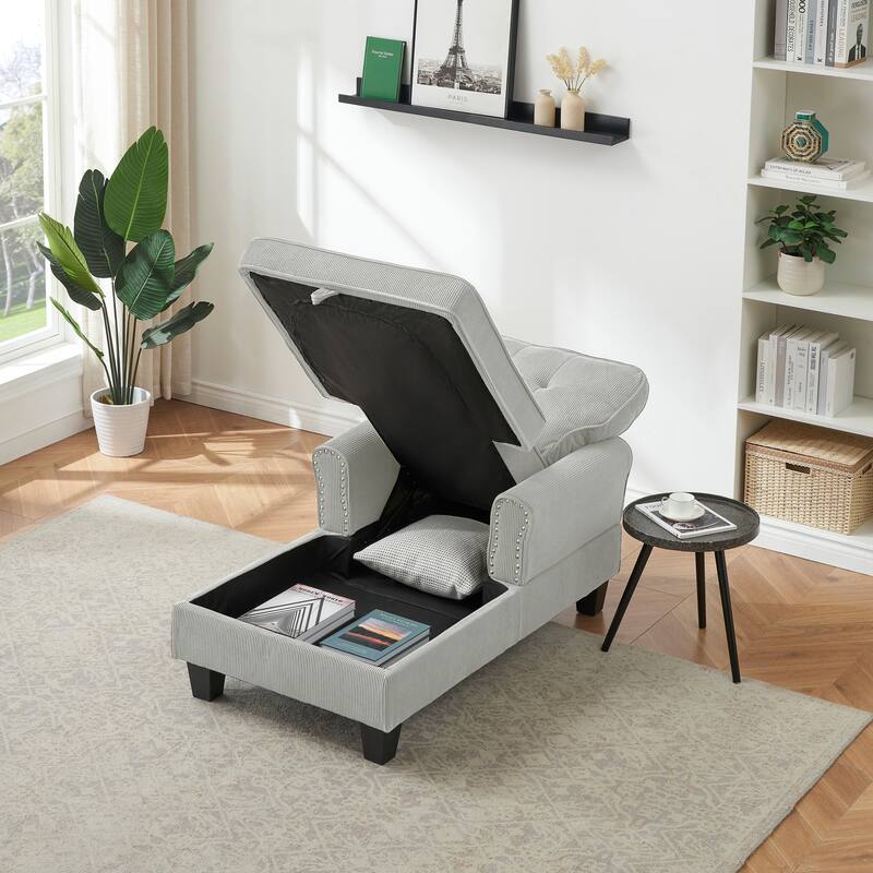 Gray+Beige Tufted Chaise Lounge Chair with Storage