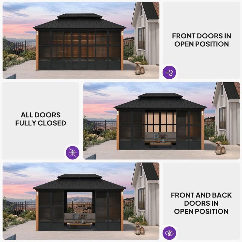 PURPLE LEAF Double Top Outdoor Wood Grain Sunroom All-Weather Screen House Patio Hardtop Gazebo