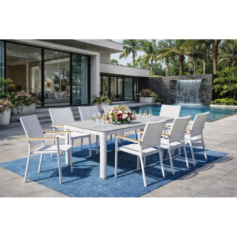 Como White 9-Piece Aluminum Outdoor Dining Set with Sling Set in White - N/A
