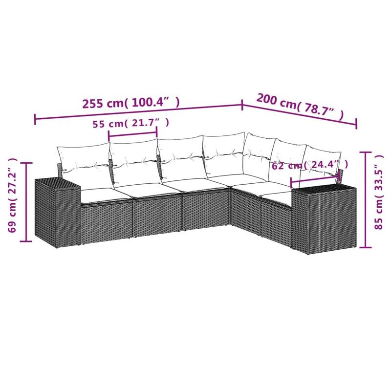 vidaXL 6/7 Piece Patio Sofa Set with Cushions Black/Brown/Gray Poly Rattan - 24.4 x 24.4 x 27.2