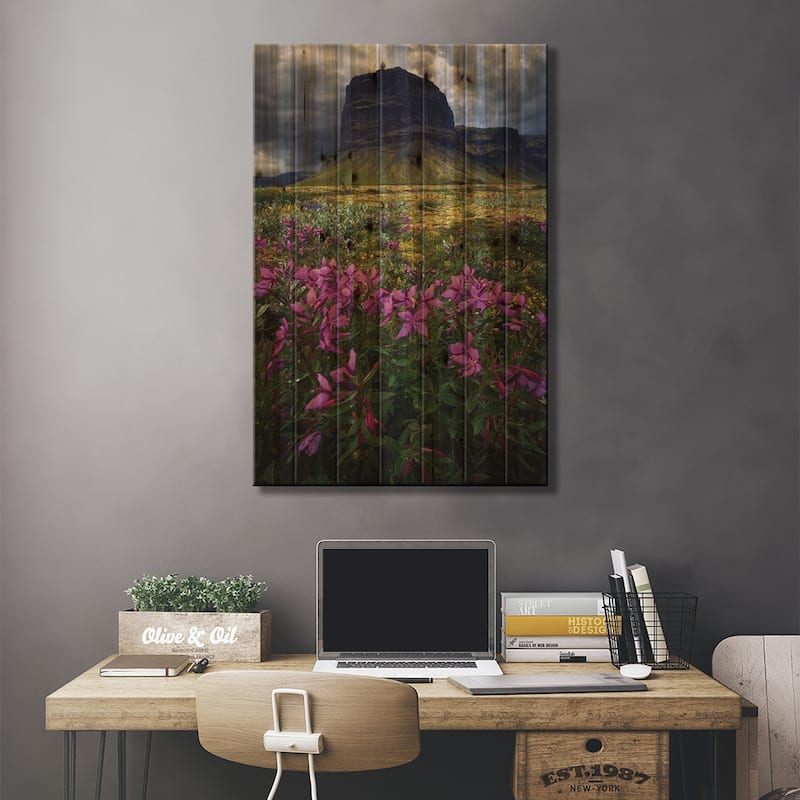 Icelandic Mountains And Flowers Print On Wood by Daniel Gastager - Multi-Color