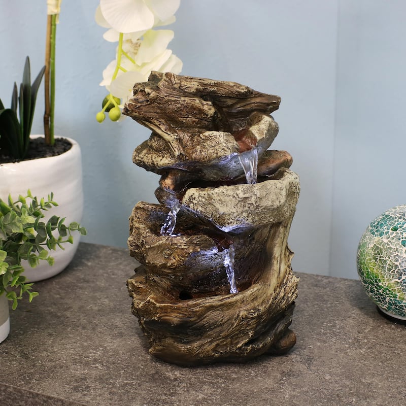 Sunnydaze Tiered Rock and Log Tabletop Fountain with LED Lights - 10.5-Inch