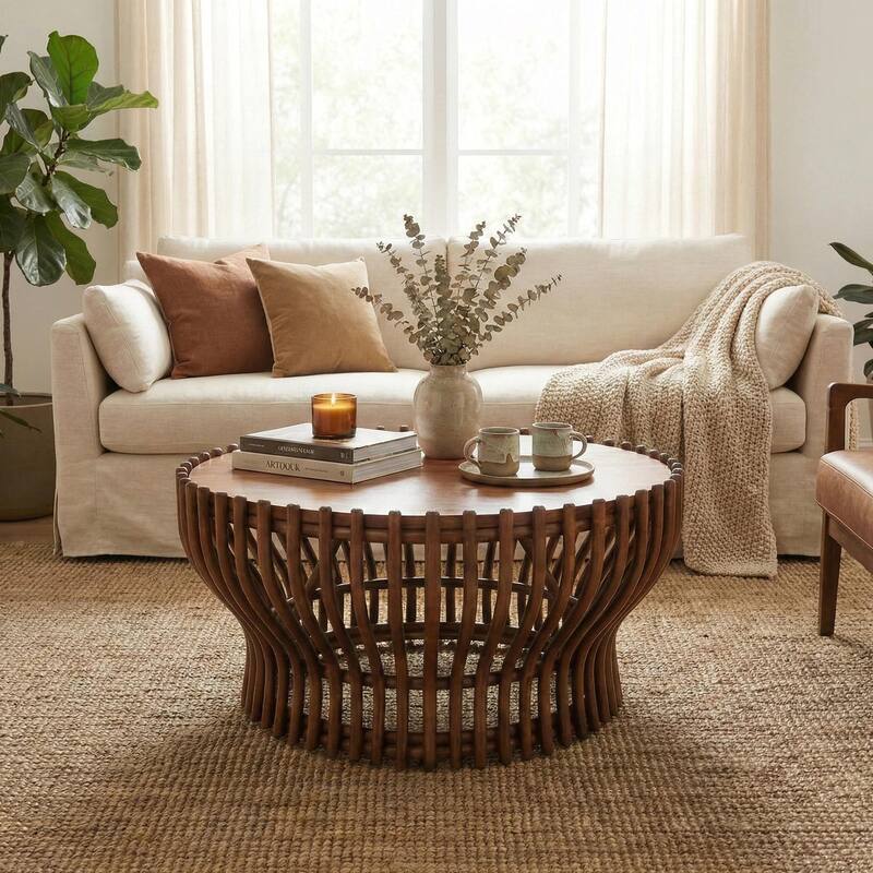 NPD Furniture Sona Modern Bohemian Rattan Coffee Table with Wood Top