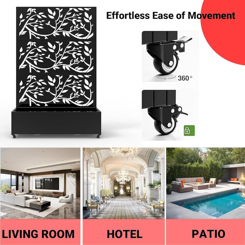 Outdoor Garden Fence, Privacy Screen Planter Box for Vining Plants & Veggies, Leaf Style With Wheels