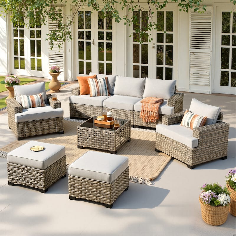 HOOOWOOO 8-piece Outdoor Sofa Patio Wicker Furniture Sectional Set with Coffee Table - Grey