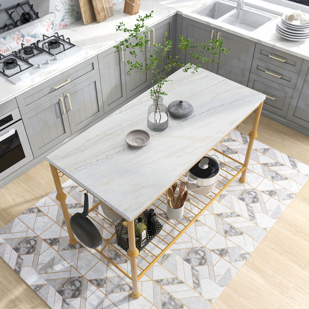 Avya Contemporary White and Gold 58-inch Wide Marble Top Kitchen Island by Furniture of America