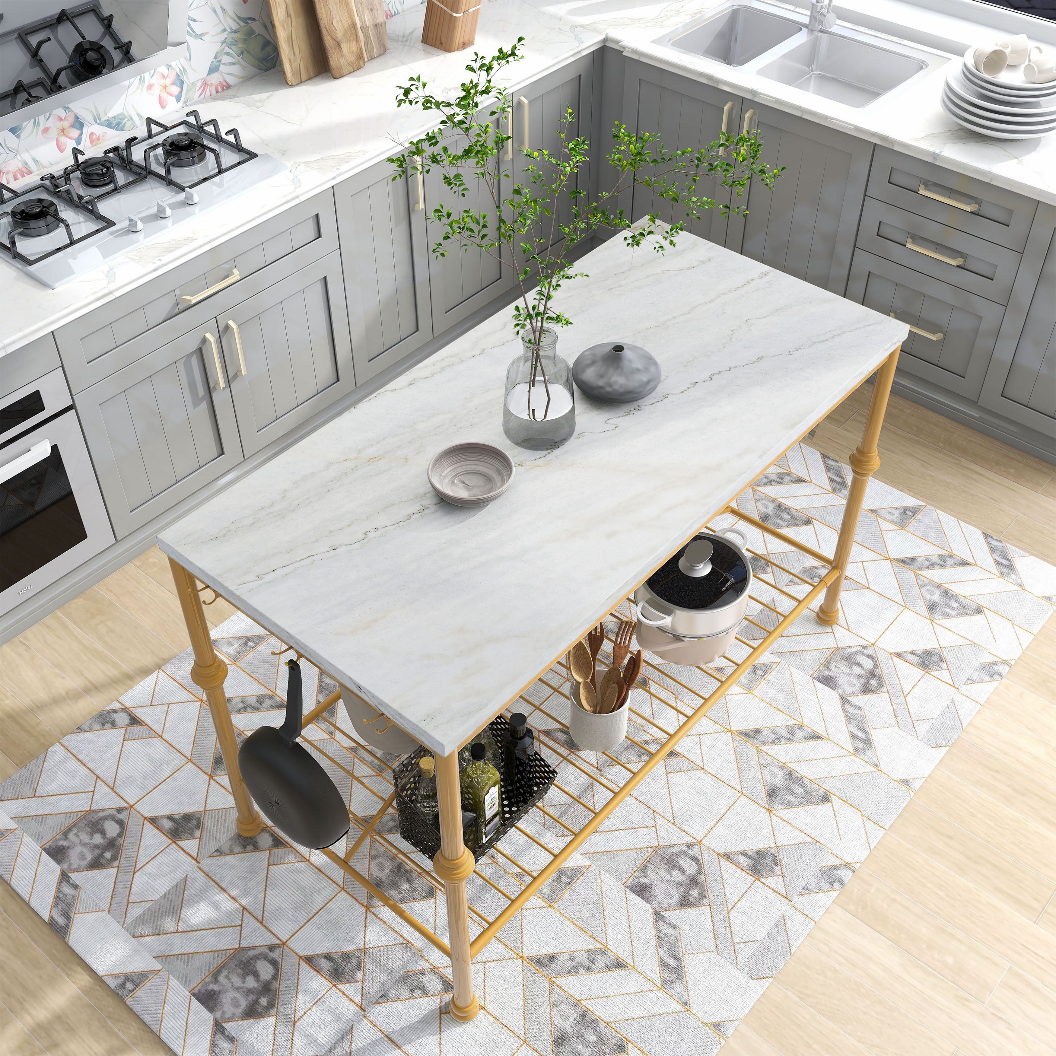 Avya Contemporary White and Gold 58-inch Wide Marble Top Kitchen