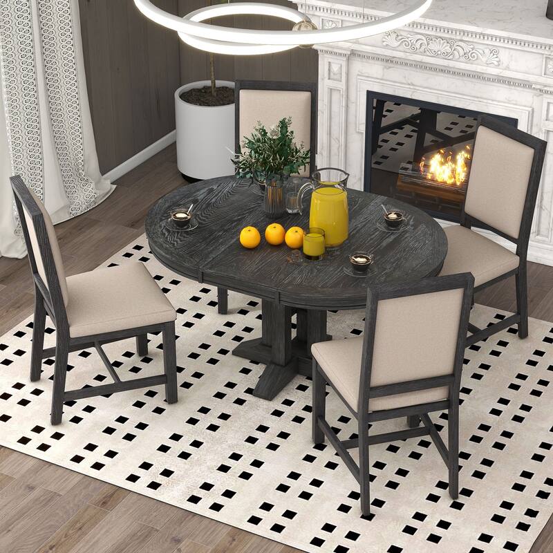 5 Piece Round Dining Table Set, Extendable Wood Kitchen Dining Table Set with Dining Table and 4 Upholstered Chairs
