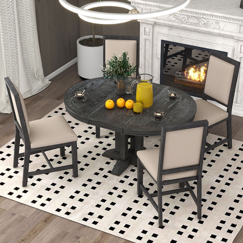 Farmhouse 5-Piece Dining Set with Extendable Round Table and 4 Upholstered Chairs for Kitchen or Dining Room - Black