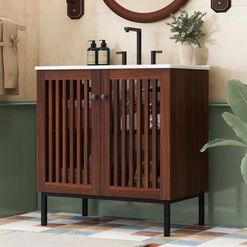 30 Inch Bathroom Vanity with Ceramic Sink,Soft-Close Doors (Fence-Design) - Brown