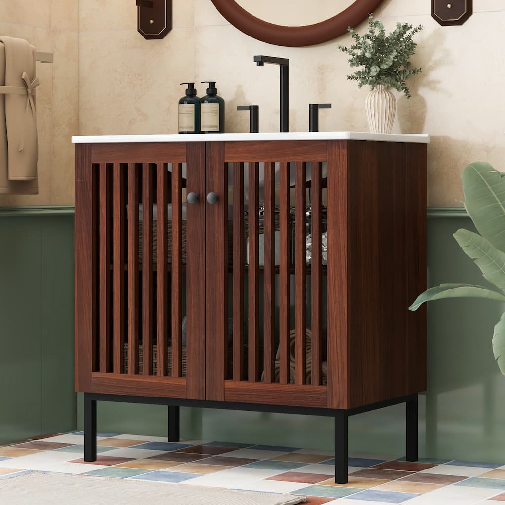 Roomfitters 30" Vintage Bathroom Vanity with Ceramic Sink, Cabinet with Fence-Design Soft-Close Doors, Antique Dark Brown