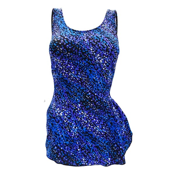One Piece Front Sarong Swim in Multicolored Blue Tiled Mosaic Print