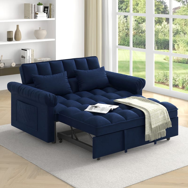 Flannel Sleeper Sofa Bed Loveseat Recliners Couch with Pull-Out Trundle, Adjustable Backrest, Round Arms and Side Pockets - Blue