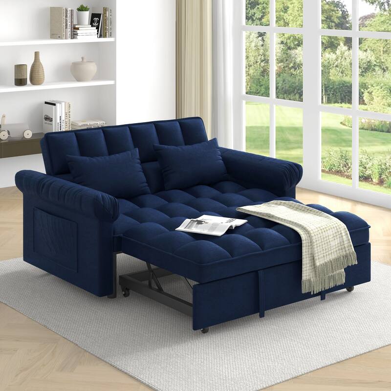 Roomfitters Loveseat Sofa Bed with Pull-Out Bed and Adjustable Back, Compact Upholstered Sleeper Sofa for Living Room - Blue