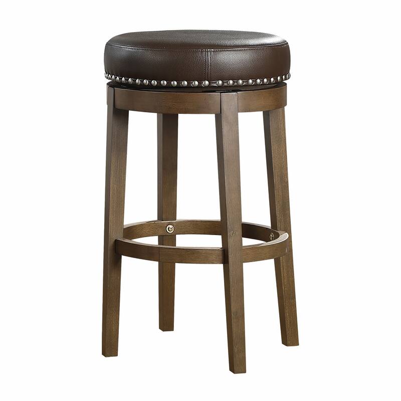 Bara 31 Inch Swivel Barstool, Brown Round Faux Leather Seat, Solid Wood