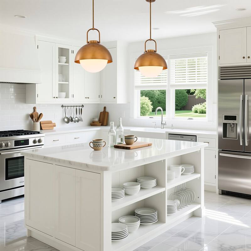 1-Light Gold Finish Modern Pendant Light Fixture with Opal Glass Shade for Dining Room or Kitchen Island