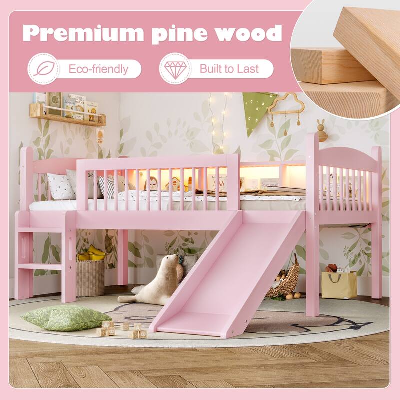 Twin XL Loft Bed with Storage Shelves, LED Lights & Guardrails