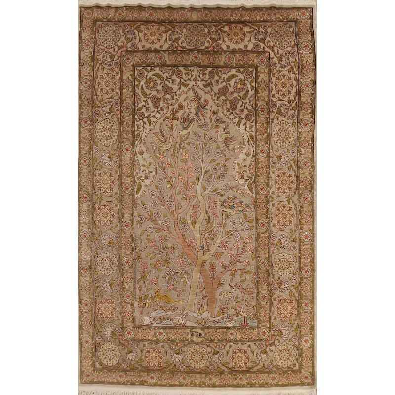 Hand Knotted Oriental Silk & Silver Carpet Traditional Floral Brown Hereke Area Rug - 5' 5'' X 3' 6''