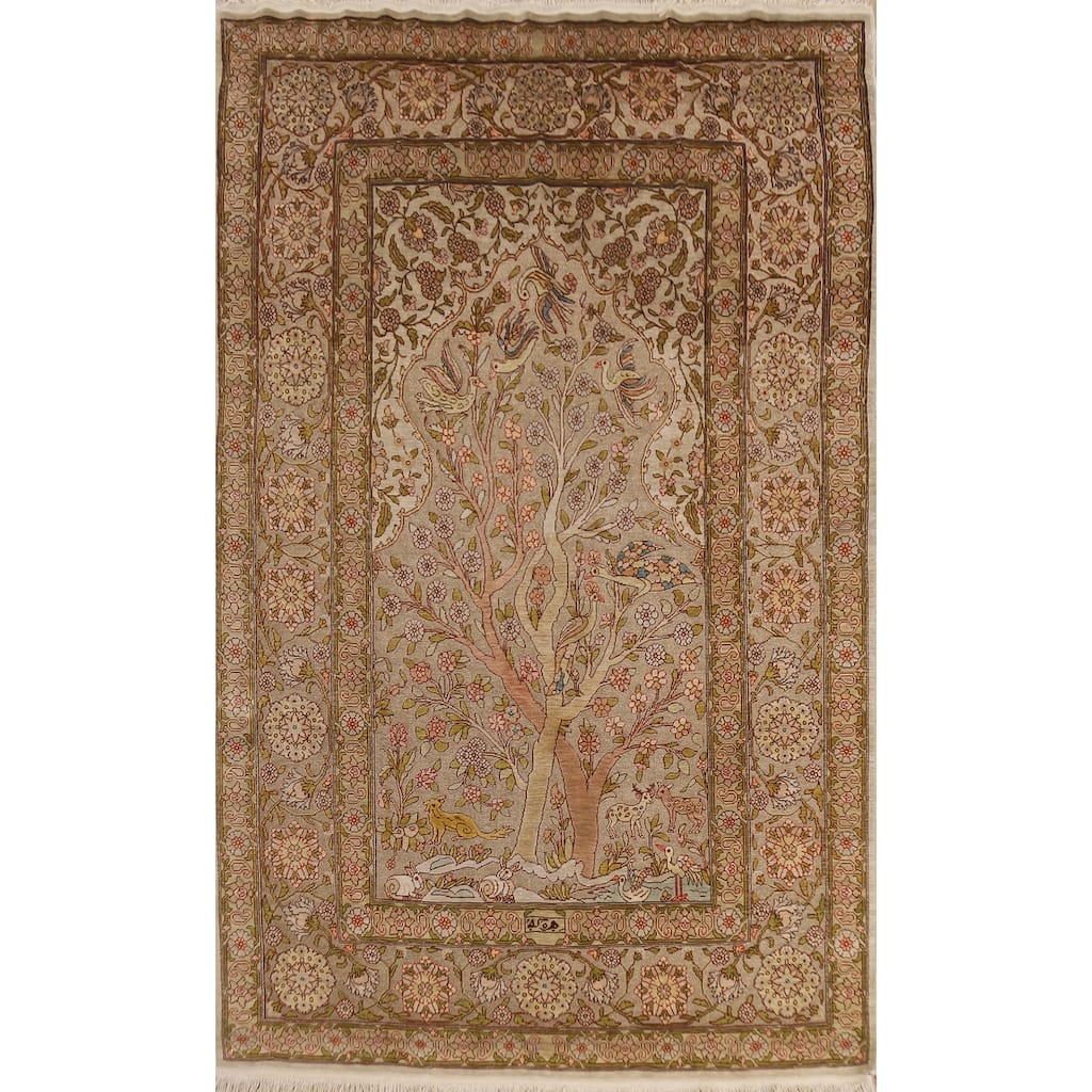 Hand Knotted Oriental Silk & Silver Carpet Traditional Floral Brown Hereke Area Rug - 5' 5'' X 3' 6''