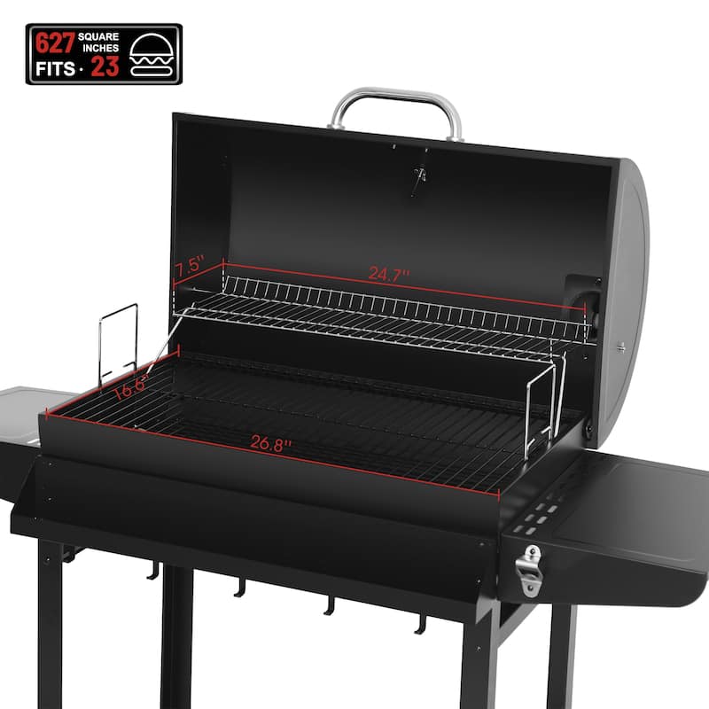 Royal Gourmet 30-Inch Barrel Charcoal Grill, Front Storage Basket with Hooks,Black