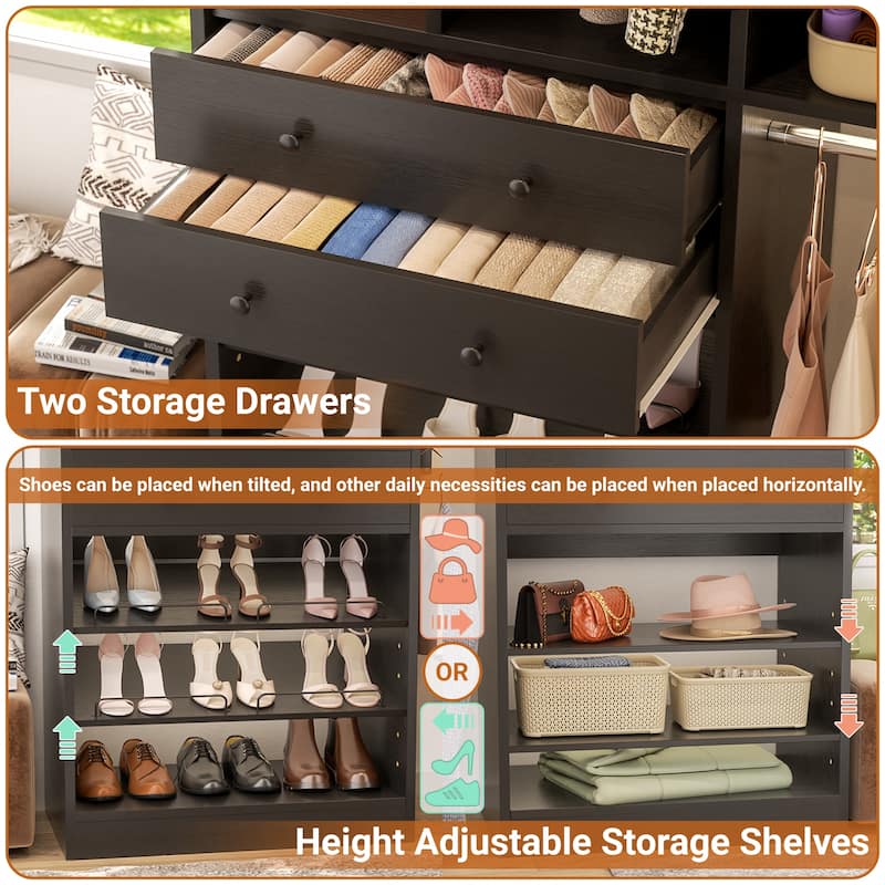 Grimm 5FT Small Closet System with Drawers, 60" Closet Organizer System with Reversible Hanging Shelving